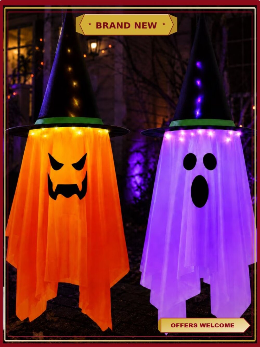 2 Pcs Halloween Lighted Ghost Witch Hat Hanging Decorations LED Indoor Outdoor